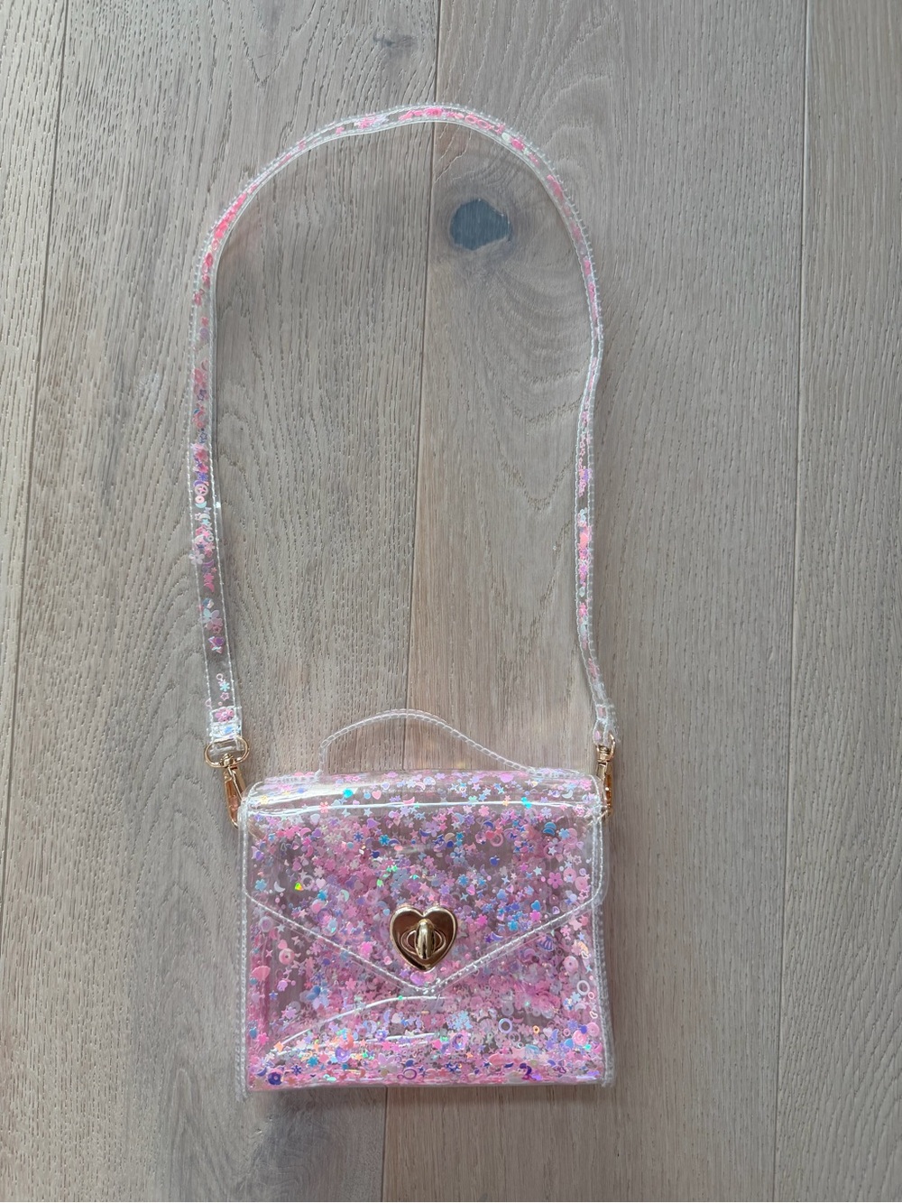 Clear Pink Glitter Heart Lock Crossbody Bag